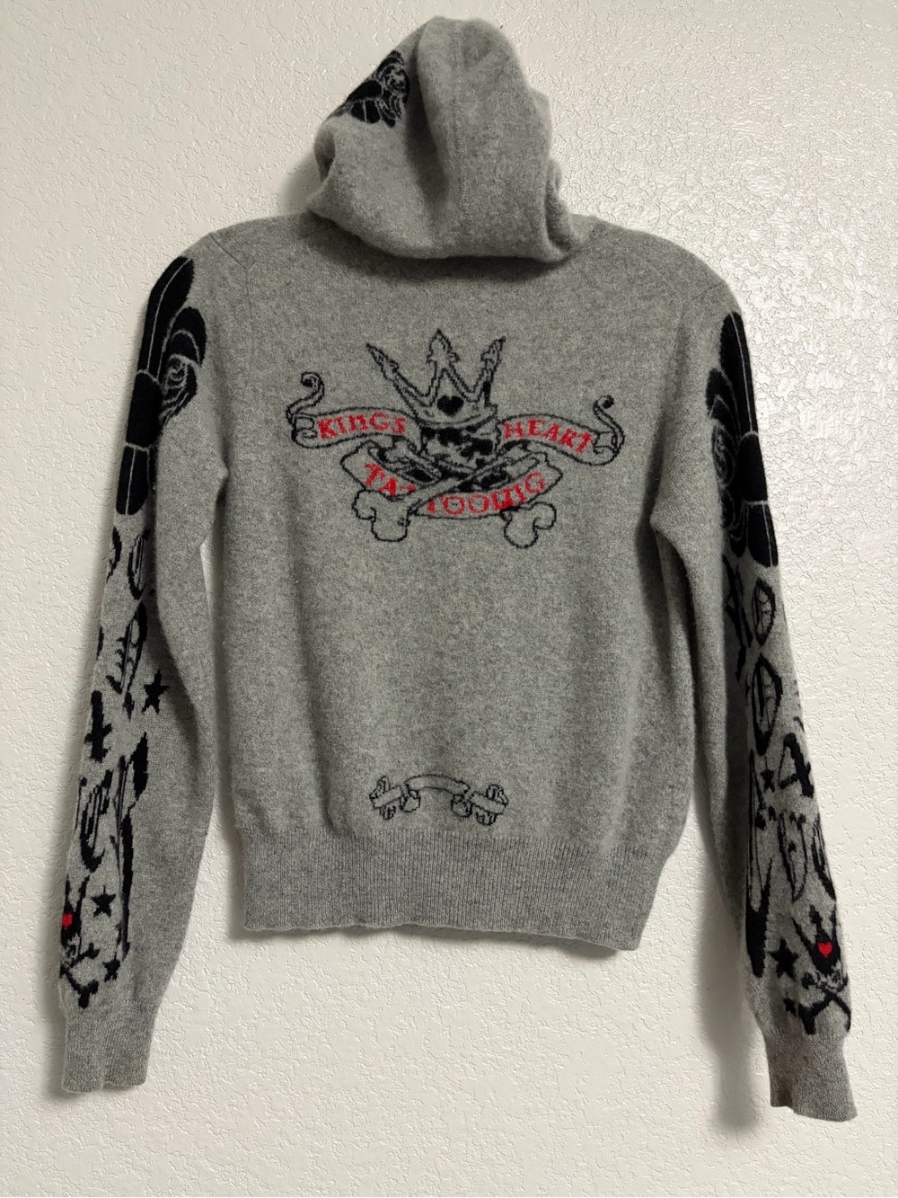 Vtg Y2K A&G Amal Guessous Hoodie Cardigan Sweater Womens M Cashmere Tattoo